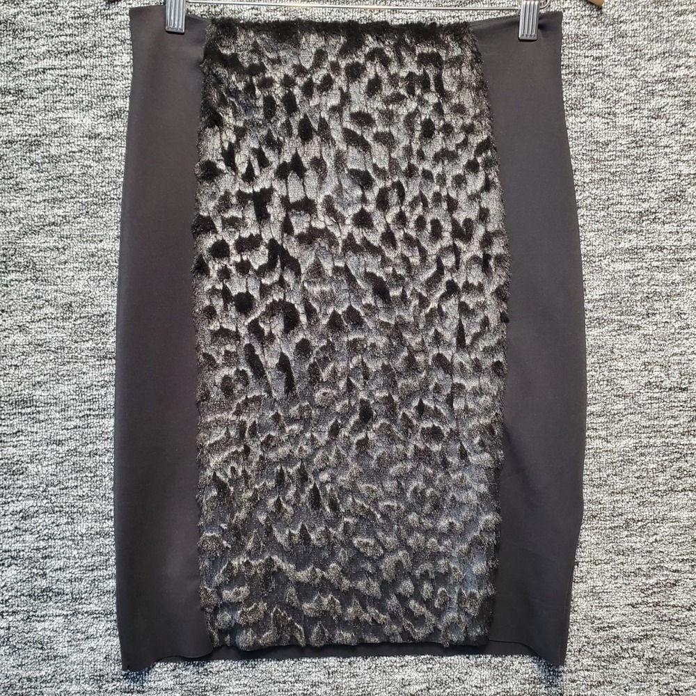 Zara Pencil Skirt Womens M Black Faux Fur Leopard Panel Knee Length Indie Sleaze